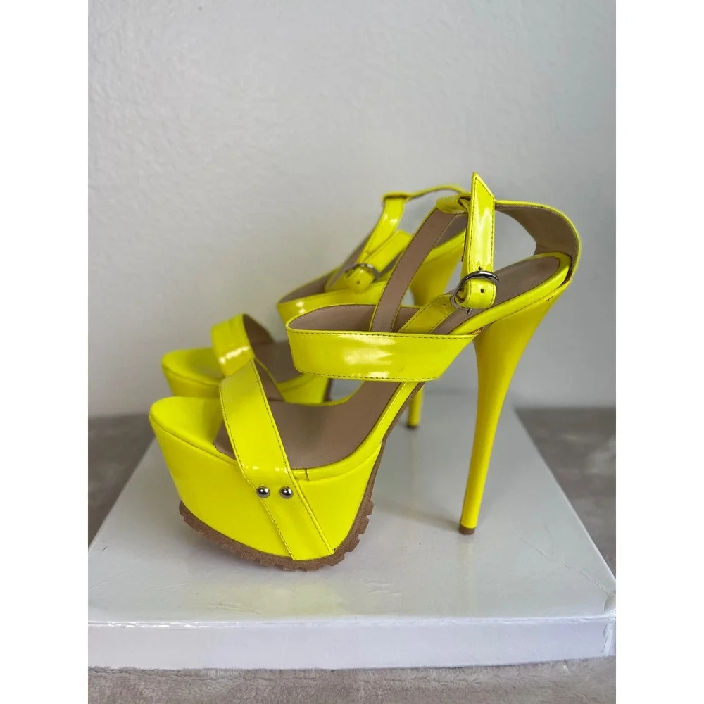Neon Yellow Patent Platform Sandals Triple Strap Stiletto Lug Sole Heels Size 41